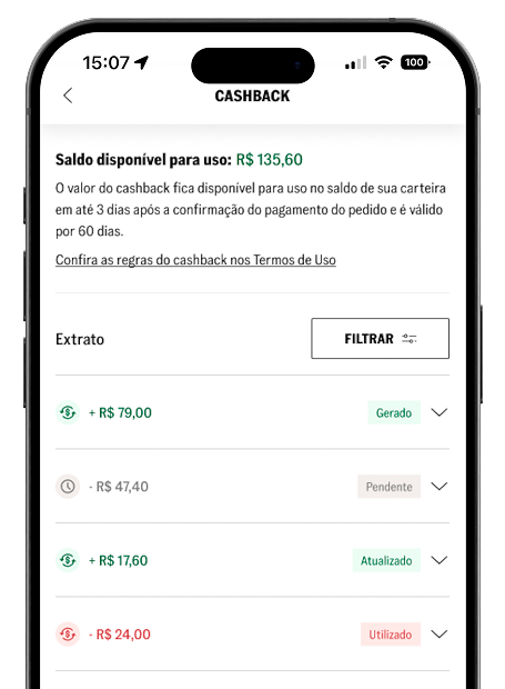 Página de extrato mostrando o valor das transações do cashback