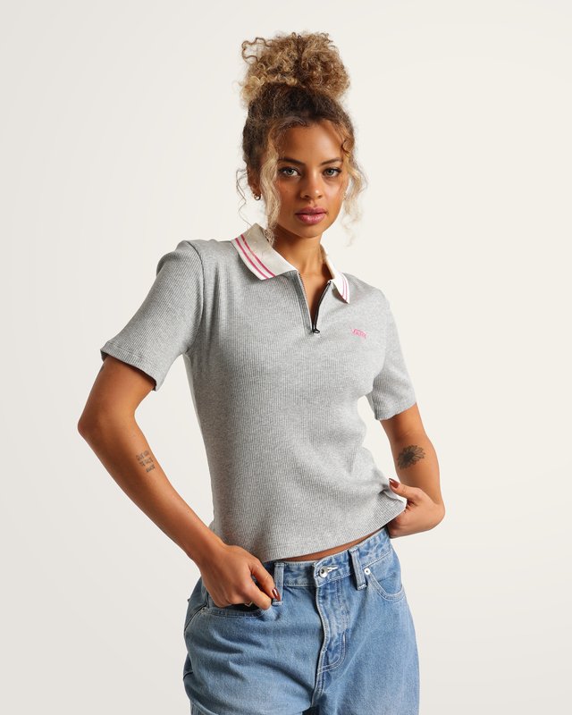 Camiseta Manga Curta Priscilla Polo Piping Cement Heather