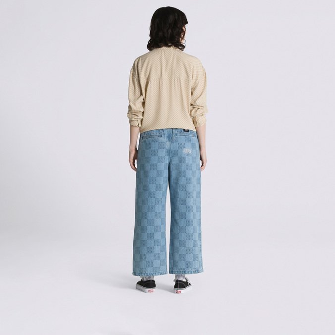 Calça Range Loose Crop Mended Check Denim Stone Wash