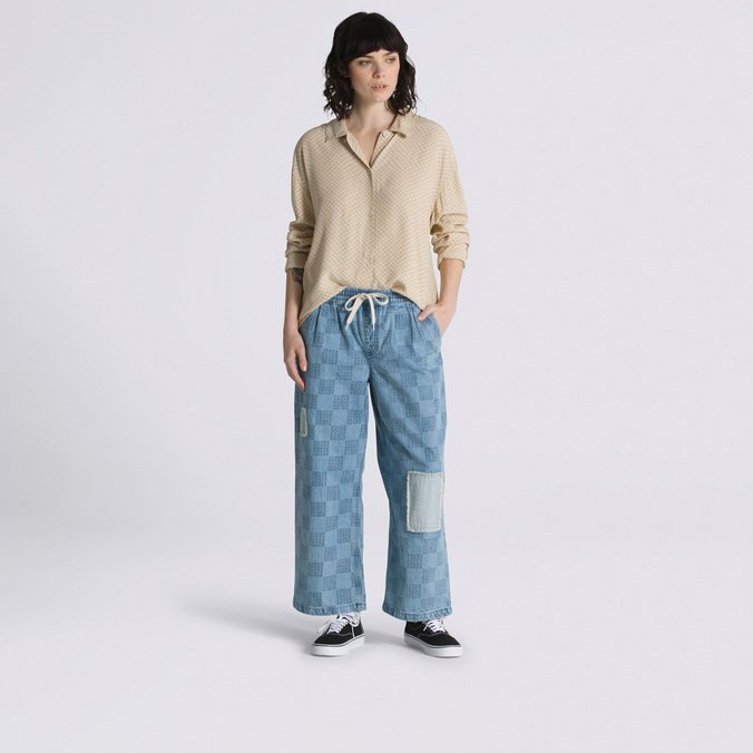 Calça Range Loose Crop Mended Check Denim Stone Wash