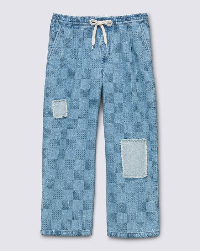 Calça Range Loose Crop Mended Check Denim Stone Wash