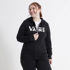 Fundada na Califórnia em 1966, a Vans está envolvida com a cultura de rua, artes, música e ligada ao skate e à evolução do esporte, sem perder a essência. Dos clássicos aos modernos, a Vans possui uma enorme variedade de modelos de tênis, roupas e acessórios, sempre mantendo o estilo "Off The Wall". O Moletom Flying V Zip Hoodie Black possui o logo Vans em "Drop V" aplicado na altura do peito. Traz etiqueta tecida Vans aplicada na lateral, capuz com cordão para regulagem, bolso estilo canguru, barra e punhos canelados, fechamento por zíper frontal e é confeccionado em 60% algodão e 40% poliéster. Tipo de caimento: boyfriend. A modelo tem 1,82m e veste tamanho P.