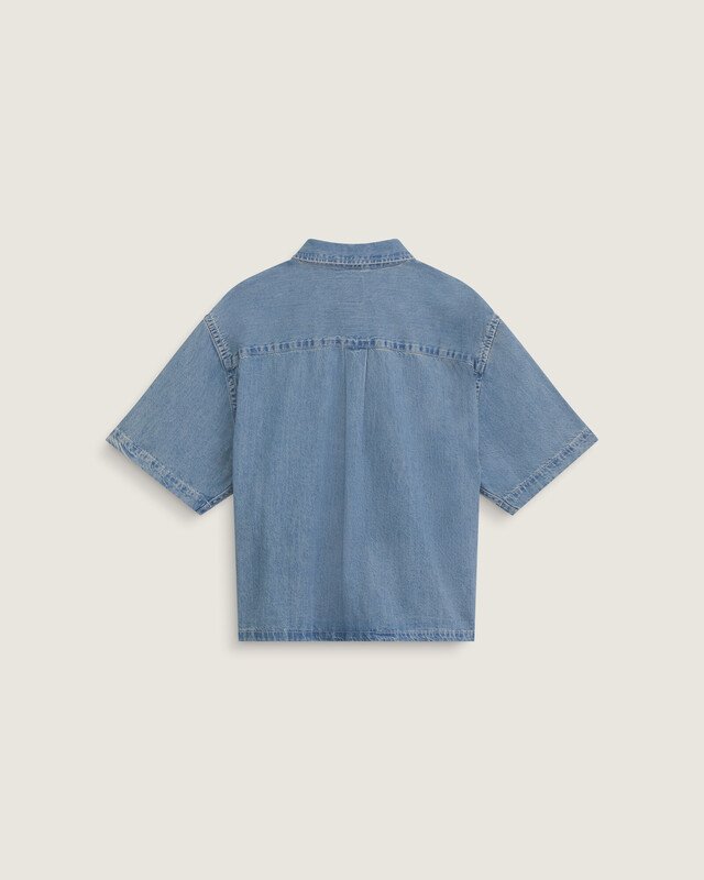 Camisa Manga Curta Cyrus Straight Hem Denim Stone Wash Blue