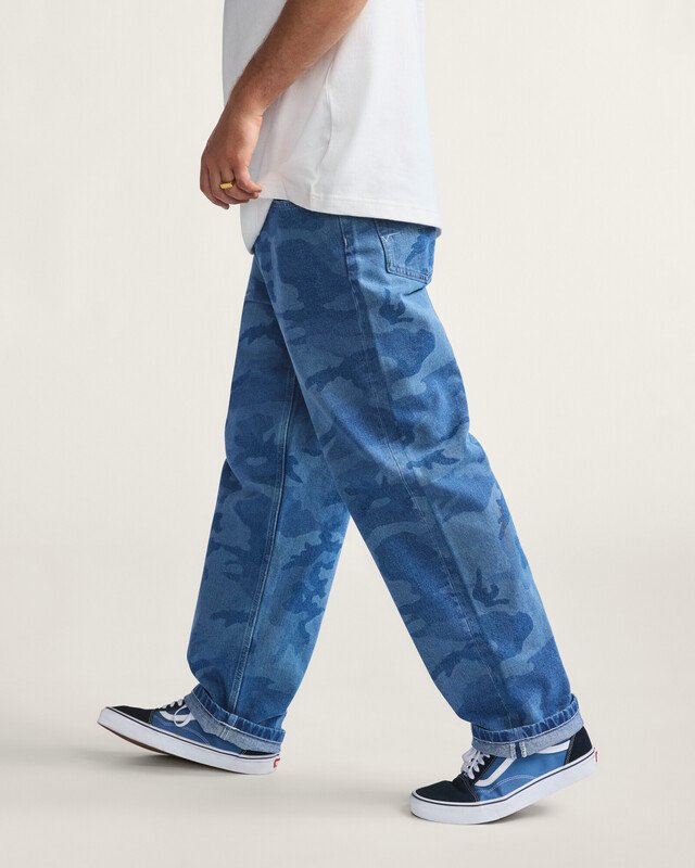 Calça Check-5 Loose Camo Printed Denim Stone Wash Blue