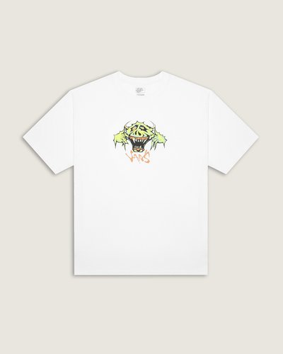 Prepare-se para uma temporada assustadora com a Camiseta Goofy Ghoul Ss White Halloween, de mangas curtas, para um estilo casual e casual para o dia a dia. A principal atração é a estampa de longa duração e durabilidade de um ghoul fazendo uma careta sobre a assinatura da Vans em spray.