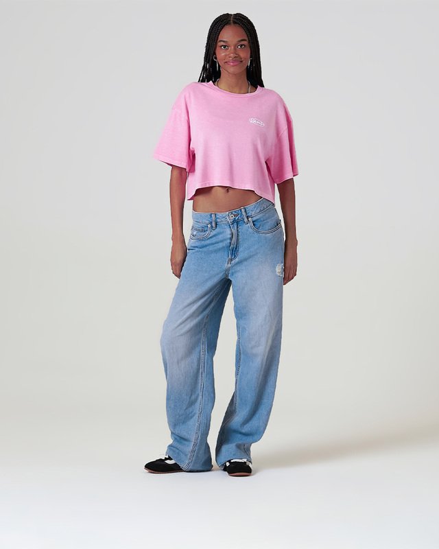Camiseta Ss Era Script Relaxed Crop Pink Dawn White