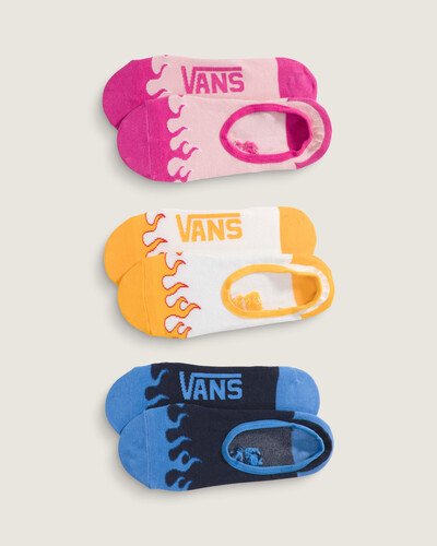 Meias invisíveis feitas para combinar com os Vans Classic Slip-Ons. A Meia Fuego Canoodle Tranquil Blue agrega estilo para todas as ocasiões. O pack possui três pares de meias soquetes em tecido - estilo sapatilhas clássicas - em tons coloridos, projetadas para permanecerem escondidas sob os Vans Slip-Ons. A construção em malha plana e os detalhes ousados trazem conforto e expressão a cada passo, mesmo quando ninguém os vê. Traz assinatura Vans em “Drop V” estampada na sola, com detalhes das icônicas chamas Vans.