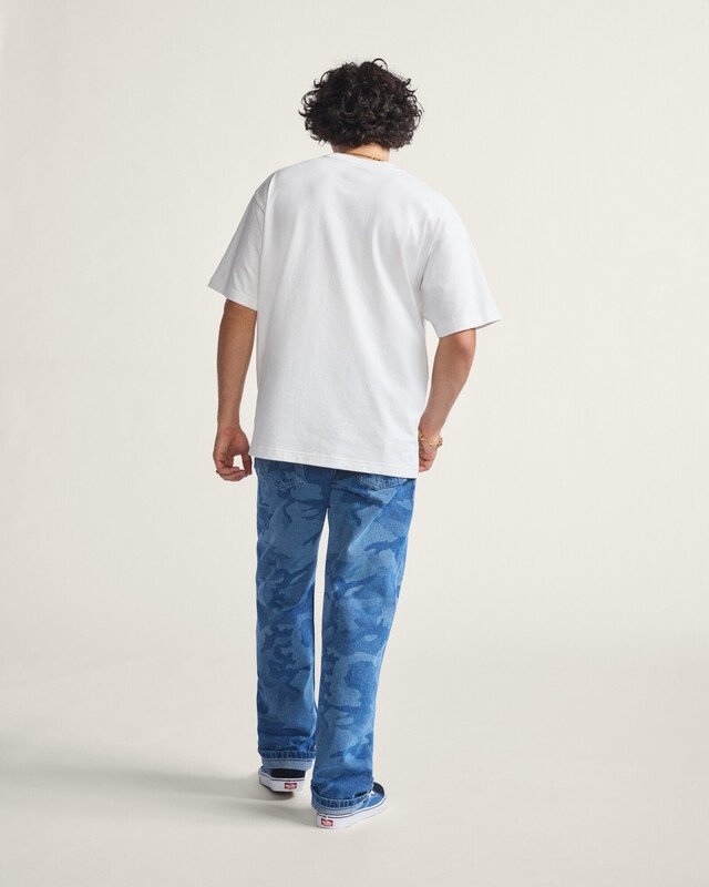 Calça Check-5 Loose Camo Printed Denim Stone Wash Blue