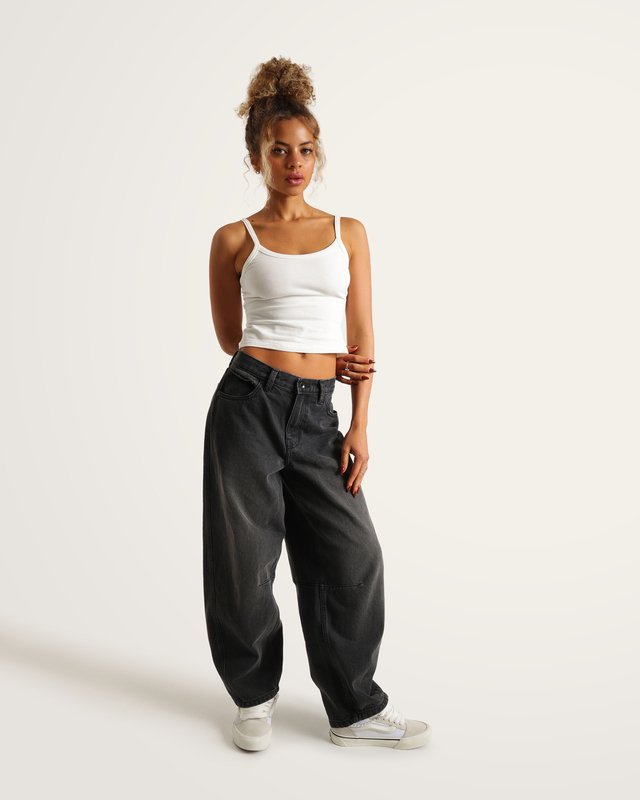 Calça Check 5 Mid Rise Barrel Washed Black