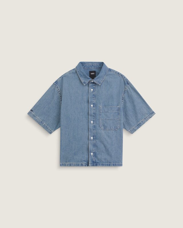 Camisa Manga Curta Cyrus Straight Hem Denim Stone Wash Blue