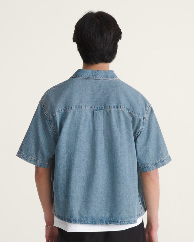 Camisa Manga Curta Cyrus Straight Hem Denim Stone Wash Blue