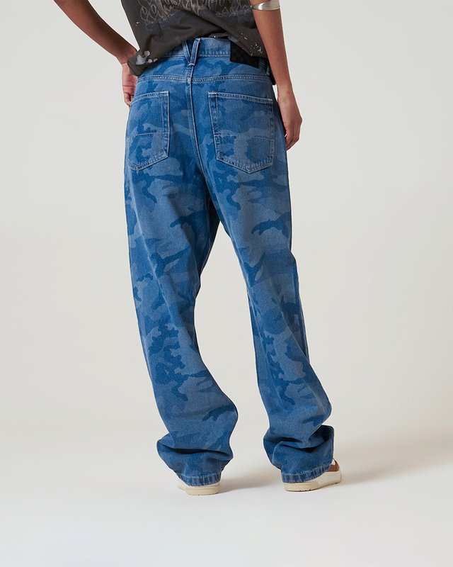 Calça Check-5 Loose Camo Printed Denim Stone Wash Blue