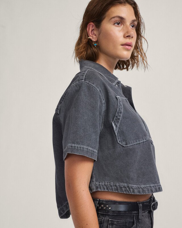 Camisa Ss Natalie Denim Boxy Button Up Grey Wash