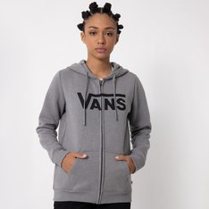 Fundada na Califórnia em 1966, a VANS está envolvida com a cultura de rua, artes, música e ligada ao skate e à evolução do esporte, sem perder a essência. Dos clássicos aos modernos, a VANS possui uma enorme variedade de modelos de tênis, roupas e acessórios, sempre matendo o estilo "Off The Wall". O moletom com capuz Vans Flying V Zip possui o logo Vans " drop V" aplicado na altura do peito, etiqueta com logo Vans aplicada na lateral, capuz com cordão para regulagem, bolso estilo canguru, barra e punhos canelados, zíper frontal e é feito de 60% algodão e 40% poliéster. Tipo de caimento: boyfriend. A modelo tem 1,82 e veste tamanho P.