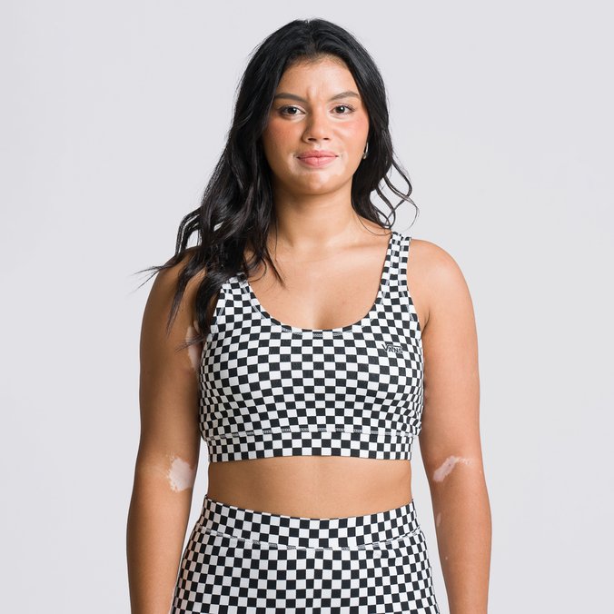 Top Flying V Print Bra Black White Checkerboard