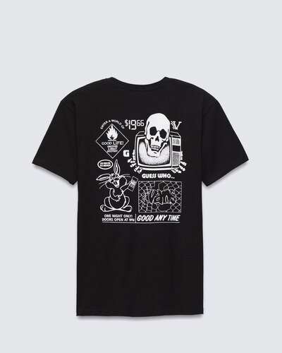 Arte e cultura de rua trazem referências icônicas para as peças clássicas da Vans. Confortável o bastante para usar todos os dias e em qualquer ocasião, a Camiseta Crazzy Eddy SS Black com um toque descontraído, traz estampa frontal na altura do peito, de um coelho segurando um celular na altura do peito. Já nas costas, traz também o mesmo coelho e o crânio de uma caveira dentro da tela de uma TV, e com referências vintage Vans®  “Off The Wall”, ambas em silk à base d’água. Em algodão, a camiseta de manga curta preta possui gola redonda e aplicação de etiqueta tecida Vans® na manga.