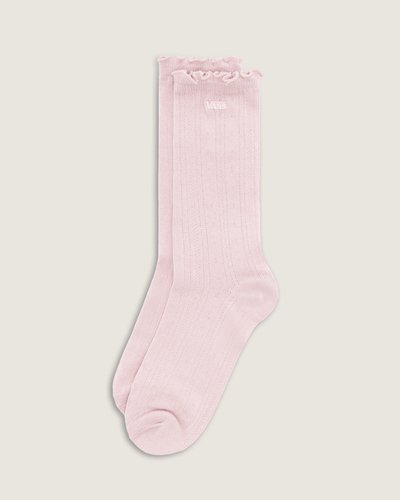 Meia Pointelle Crew Pale Petal traz cano médio com acabamento em malha plana e borda enrolada, proporcionando toque macio e ajuste confortável. O ponto pointelle oferece respirabilidade leve enquanto o jacquard com logo Vans adiciona identidade autêntica. Confeccionada em malha de construção industrial, o modelo entrega suporte sutil e flexibilidade sem perder o perfil descontraído e atemporal característico da marca