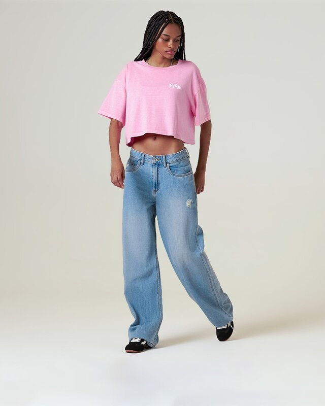 Camiseta Ss Era Script Relaxed Crop Pink Dawn White