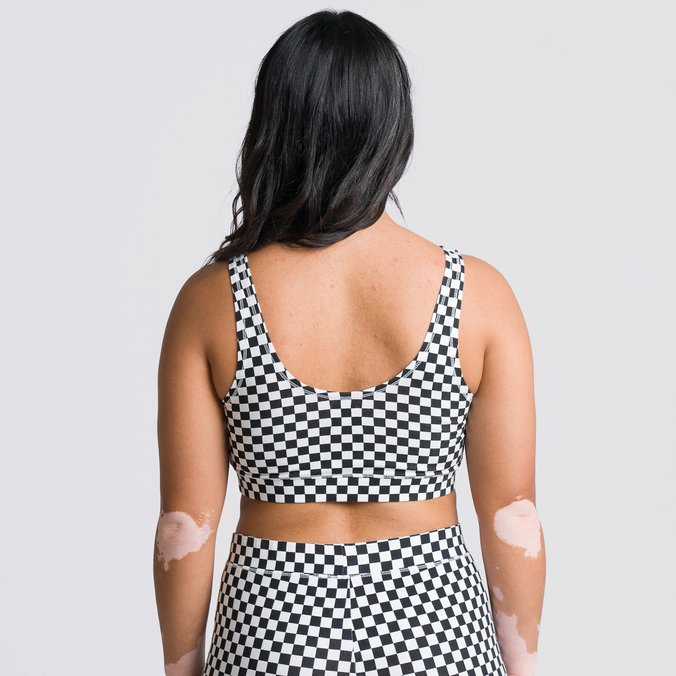 Top Flying V Print Bra Black White Checkerboard