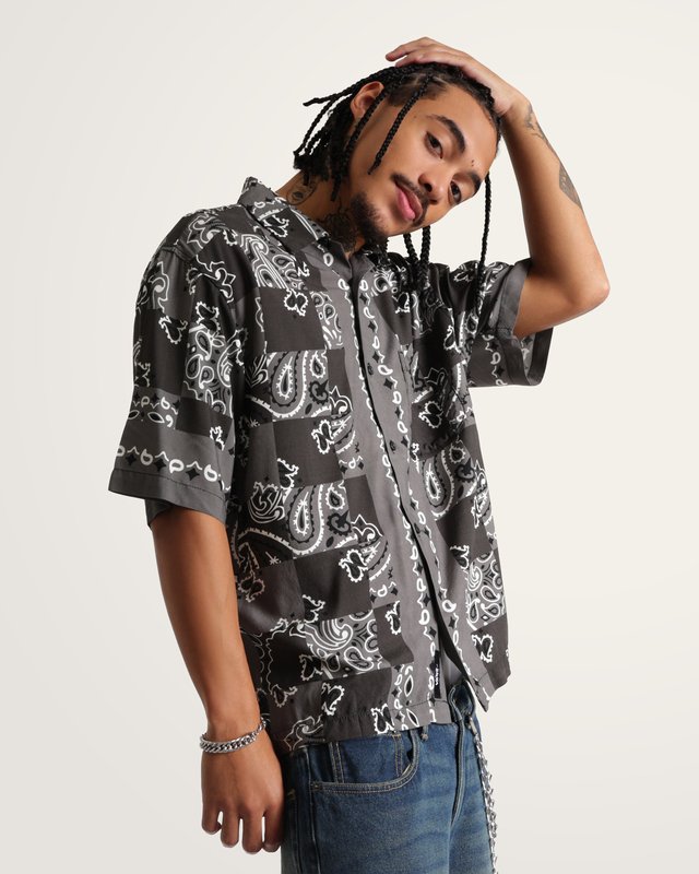 Camisa Manga Curta Van Doren Paisley Check Faded Black