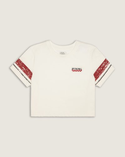 Camiseta Manga Curta  Cropped Off The All Egret apresenta construção em malha knit, com decote redondo e caimento solto. O modelo oferece toque macio e respirabilidade, combinando leveza e conforto. Detalhes marcantes incluem faixas com efeito desgastado nas mangas e pequeno logo 'OFF THE WALL' com assinatura checkerboard no peito, adicionando personalidade sem excesso.