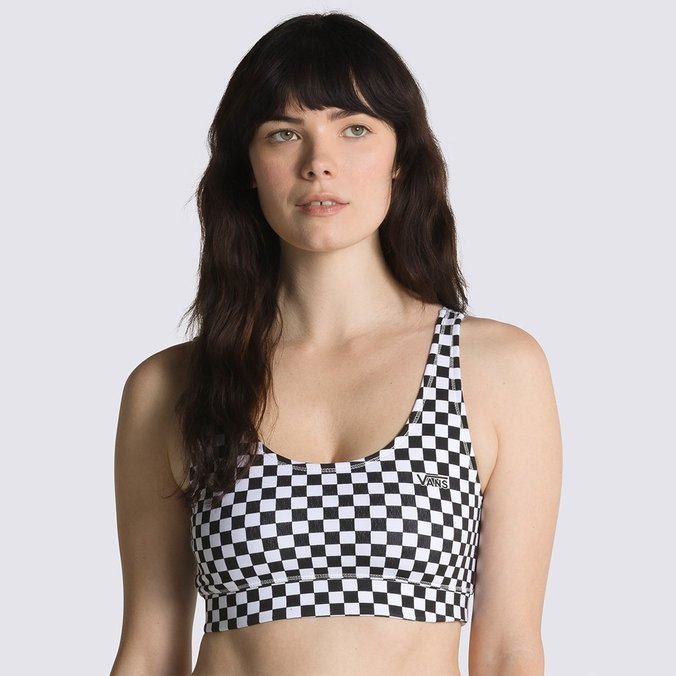 Top Flying V Print Bra Black White Checkerboard