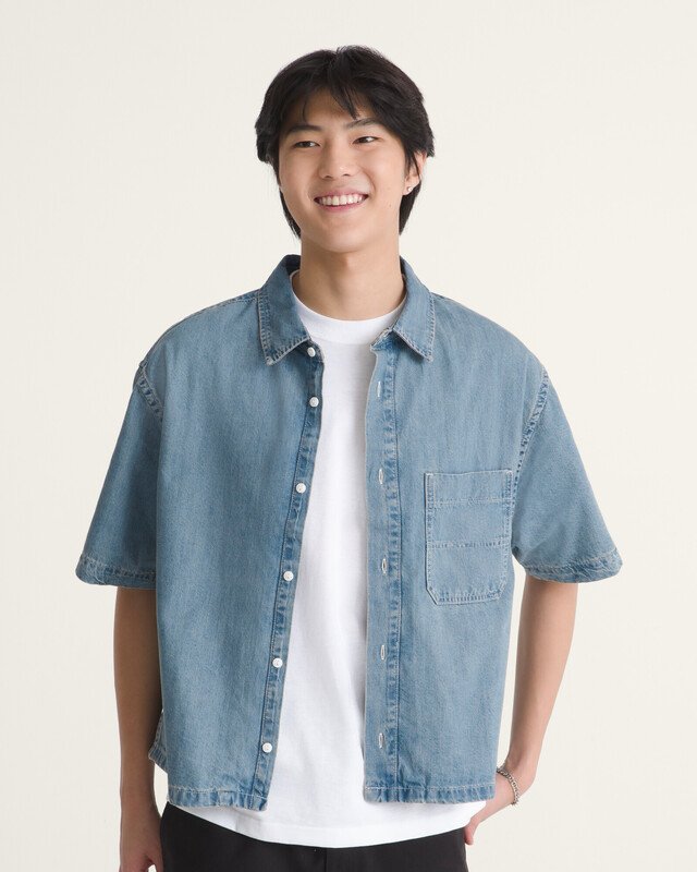 Camisa Manga Curta Cyrus Straight Hem Denim Stone Wash Blue