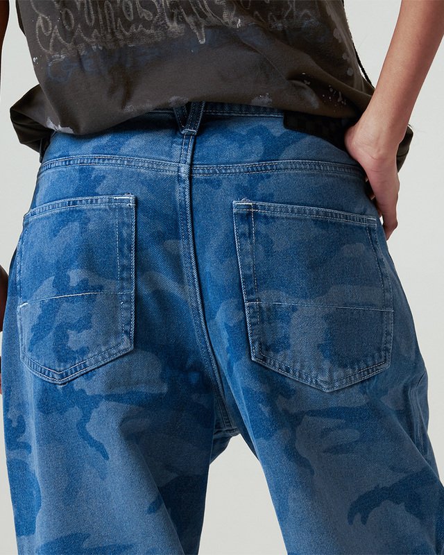 Calça Check-5 Loose Camo Printed Denim Stone Wash Blue