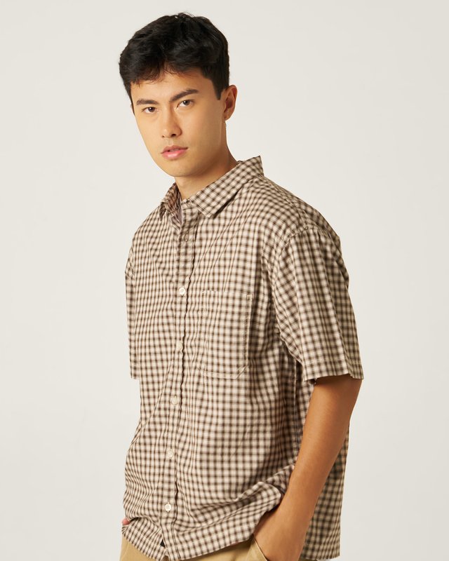 Camisa Manga Curta Larkspur Mini Plaid Oatmeal Demitasse